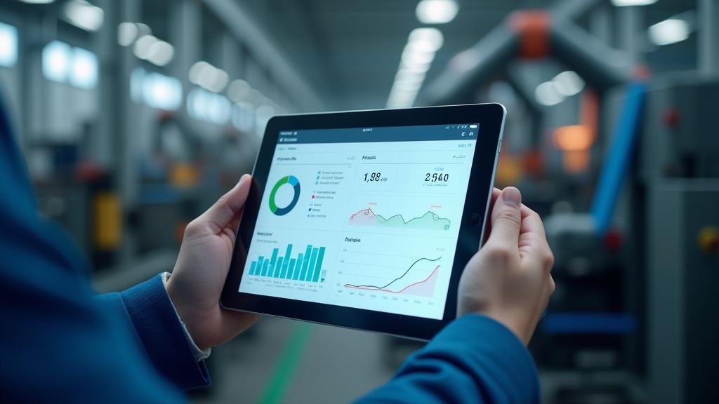 Dashboard OEE su un tablet in un ambiente di fabbrica.