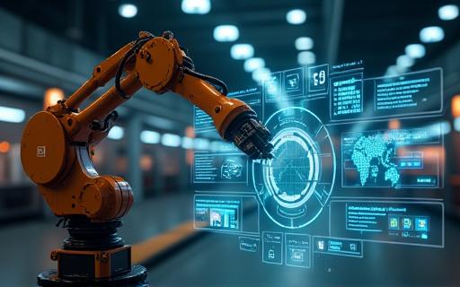 Un braccio robotico connesso a una dashboard di dati IoT.